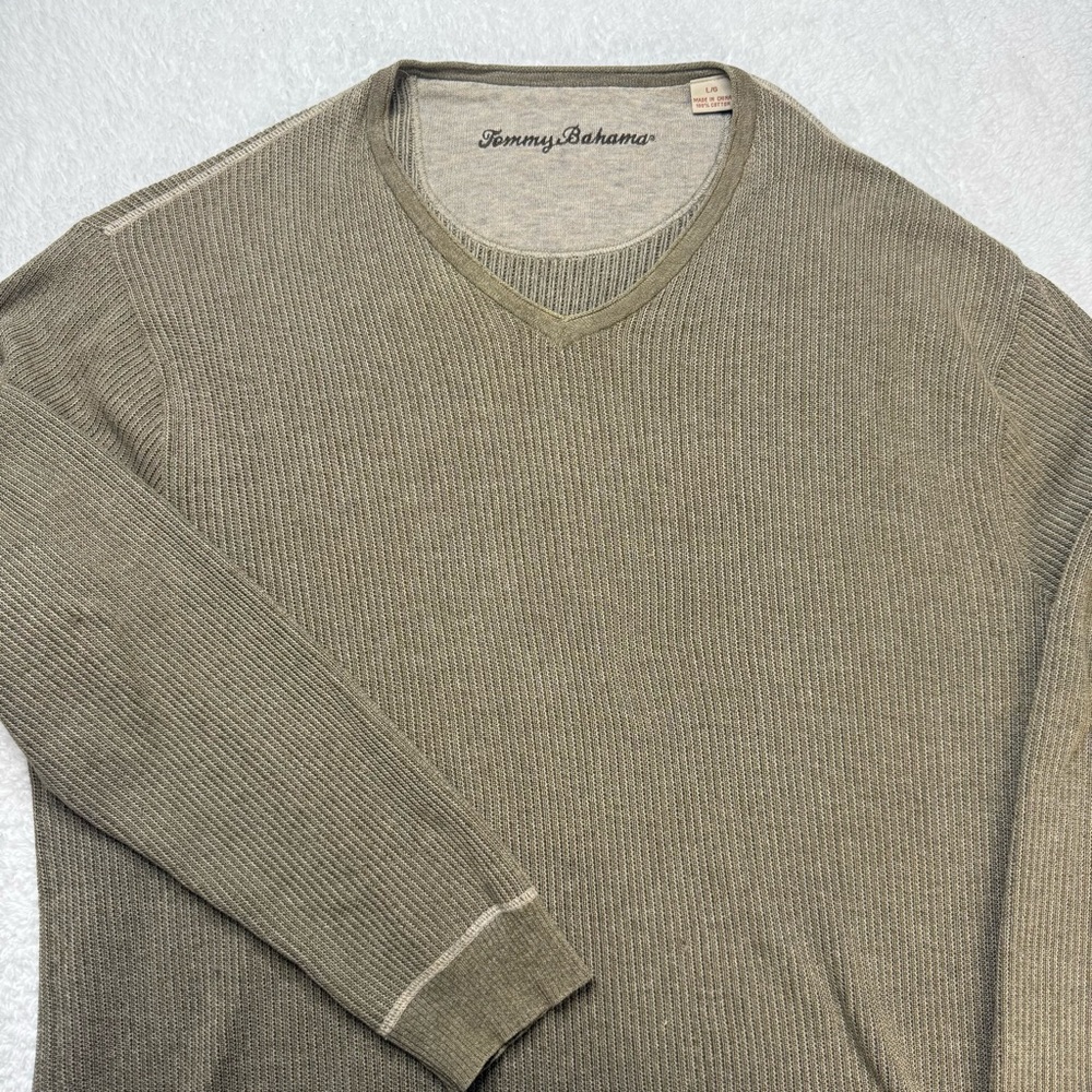 Tommy Bahama Men’s Sweater Khaki V-Neck Cotton‎ Ribbed Long-sleeve Lg pullover